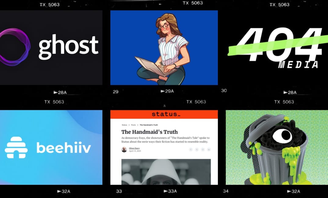 a photo collage showing logos inside film strips: Ghost, Citation Needed, 404 Media, beehiiv, Status and Garbage Day