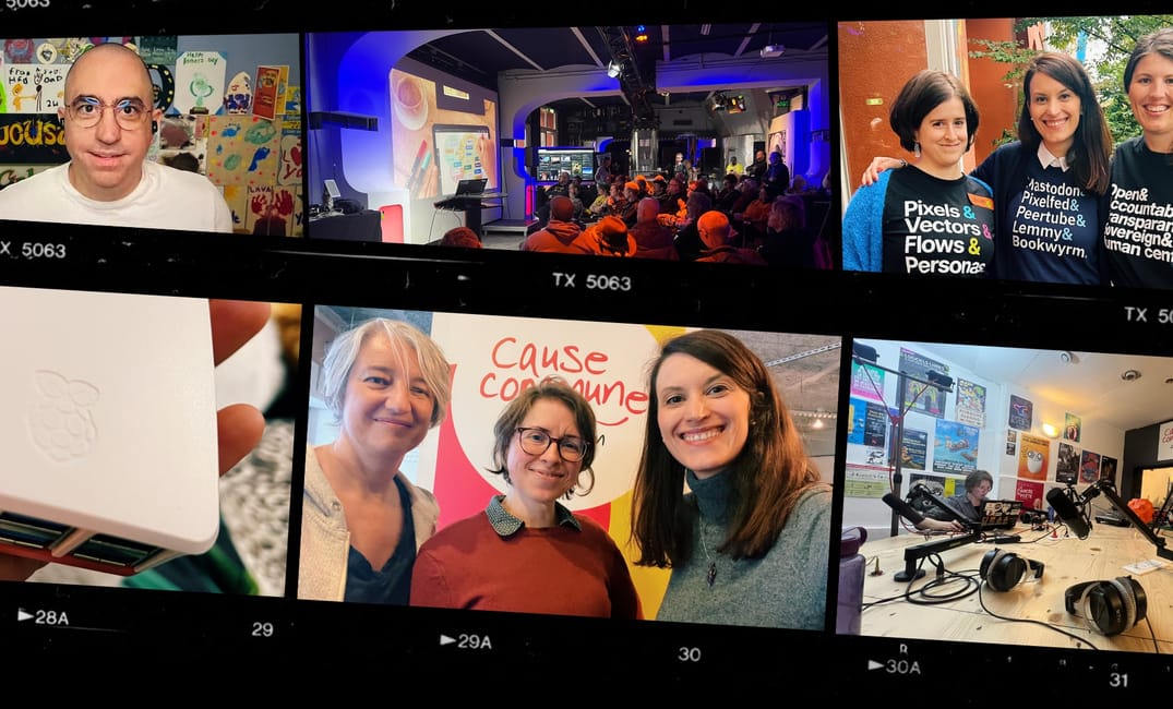 a graphic with film strips showing images from this month: Raspi, conference, radio interviews